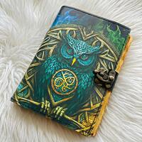 Leather Owl Blank Journal, Mystic Grimoire, Pagan Wiccan Notebook, Handmade Art SpellBook