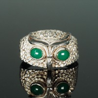 Ambigram Reversible Fish Owl Ring; silver and green eyes