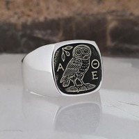 Sterling Silver Owl Signet Ring | Bronze Accents, Greek Symbol Jewelry