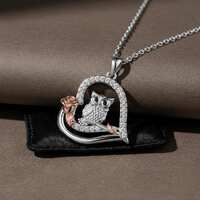 Two Tone Owl Rose Heart Zirconia Pendant Necklace