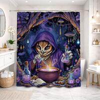 Wizard Owl Shower Curtain Fantasy Illustration Magic Potion Cauldron Forest Purple Blue Mystic Goth 