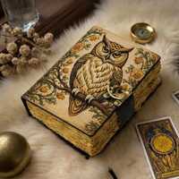 Owl leather journal book of shadows deckled edge paper brass lock grimoire