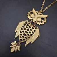 Cream Enamel Owl Pendant Necklace Gold Tone Vintage 1970s Jewelry