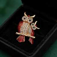 Red Owl Brooch Pin, Cute Cartoon Animal Jewelry, Rhinestone Bird Badge, Handmade Enamel Lapel Pin, U