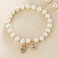 Personalized Owl Bracelet, Letter Charm Bracelet, Pearl Beaded Jewelry, Meaningful Gift for Her, Cut
