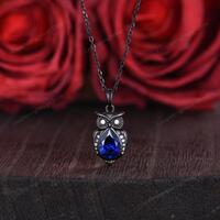 Gothic Owl Blue Sapphire Wedding Necklace Black Gold Pear Shaped Pendant September Birthstone Gift A