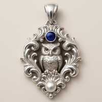 Owl Pendant Necklace Silver Blue Stone Pearl Baroque Filigree Charm