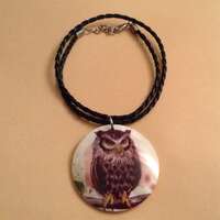 Owl Necklace: Shell Owl charm, Black Braided Cord