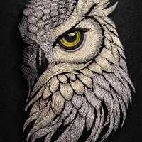 White Owl Embroidery Design, Digital File for Machine Embroidery on Black Textile, Realistic Woodlan