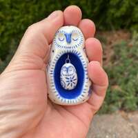 Handmade ceramic porcelain miniature Owl mama with baby owl
