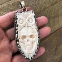 Bone carved skull with owl pendant, handcrafted, Tibetan repousse silver, 89X36 mm