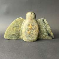 Canadian Inuit Eskimo Syllabics Signed Green Soapstone Owl Bird Carving