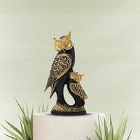 Handcrafted Owl Family Statue, Black Gold Finish Resin Figurine, Home Decor
