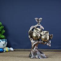 Owl Couple Figurine on Tree Branch, Gold & Bronze Finish Romantic Owl Showpiece, Handmade Bird S