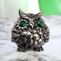 Sterling Silver Owl Charm &ndash; Green Crystal Eyes, European Bracelet Jewellery