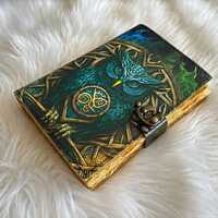Handcrafted Leather owl Journal Grimoire, Spellbook of Shadows, unique c clasp lock, antique deckle
