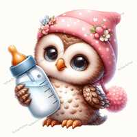 Baby Bottle Owl Fabric Panel, Quilt Sewing Square, Multiple Sizes, fc11k