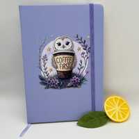 Coffee First Owl Notebook | A5 Lined Journal | Owl | Purple Florals | Yellow Stars | Gift