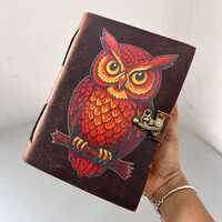 Handmade Leather Owl Journal Vintage Lock Diary 8 x 6 Inch, Dark Brown Uv Print Owl Notebook, Refill