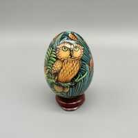 Balinese Folk Art Hand Painted Eagle Owl Jungle Scene 2.5" Chicken Egg w/ Stand