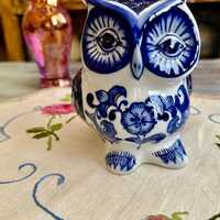 Vintage 1970s Blue and White Owl Ceramic Figurine Hand Painted Decorative Owl