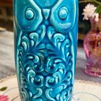 Rare 1970s Turquoise Owl Vase Crackle Glaze Ceramic Tall Owl Vessel 24.5cm
