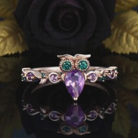 Unique Natural Amethyst Owl Engagement Ring 14k Rose Gold Round Amethyst Emerald Wedding Ring Cute A
