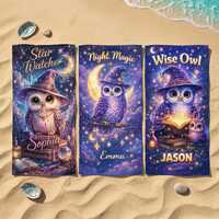 Personalized Owl Beach Towel Custom Name Kids Towel Magic Night Owl Gift Starry Sky Bath Towel Cute