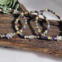 Beaded Bracelet with Elephant, Turtle or Owl Focal &bull; Single or Two Piece Set &bull; Artisan Col