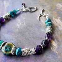 Amethyst Gem Owl Bracelet, Turquoise Ceramic Bead Focal
