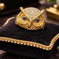 Gold Tone Owl Statement Ring with Blue Rhinestone Eyes, Crystal Accents (Size 8)