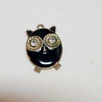 Vintage Black Enamel Owl Pendant Gold Tone Rhinestone Eyes Retro Charm 1"