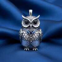 Owl Pendant Necklace Silver Blue Enamel Bird Charm with Black Eyes