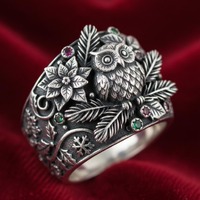 925 Sterling Silver Owl Statement Ring with Floral, Ruby & Green Gem Accents