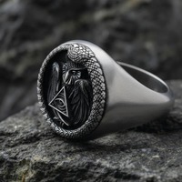 Eye of Providence Owl Ring 925 Sterling Silver Oxidized Finish Masonic Ouroboros Snake Gothic Occult