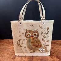 Vintage 1950s Handbag Rhinestone Owl & Wood Base Whimsical Bucket Purse