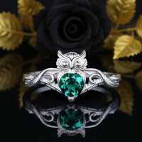 Unique Branch Twig Vine Owl Engagement Ring Round Green Emerald Nature Bridal Wedding Ring Antique O