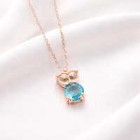 Rose Gold Plated Aquamarine Owl Necklace - 925 Sterling Silver - Whimsical Charm Pendant - Jewelry f