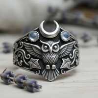 Sterling Silver Owl Moonstone Ring | Gothic Celestial Boho Band