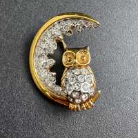 Attwood And Sawyer Owl In Moon Brooch | Rhinestone | Gold Plated, Signed Vintage Celestial Pin