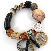 Woodland Owl Bracelet-Let Adventure Fill Your Heart Jewelry-Mixed Media Black, Amber and Ivory Stret