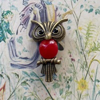 Gold Tone Owl Brooch with Red Jelly Belly &ndash; Figural Animal Lover Jewelry
