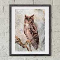 Original Watercolor Owl Painting Fluffy Bird Wall Art Wildlife Bird Artwork