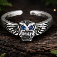 Vintage Owl Ring Blue Eyes, Adjustable Silver Gothic Animal Wrap Jewelry