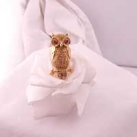 Crown Trifari vintage gold tone owl perched on a branch brooch, ruby red glass eyes