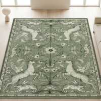 Forest Animals Rug: Deer, Rabbit, Owl Botanical Area Rug – Cottagecore Nature Carpet
