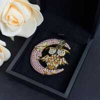 Vintage Owl Witch Hat Moon Brooch, Purple Rhinestone Gothic Statement Jewelry
