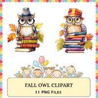 Fall Owl Clipart Bundle | Autumn School Illustration PNG Pack | Back To School Design Set