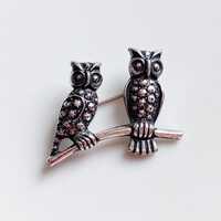 Vintage Owl Brooch Two Birds on Branch Silver Tone Small Pin