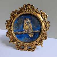 Original Watercolor Owl Painting, Vintage Gold Frame, Miniature Night Forest Art